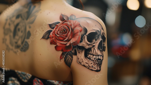 Detailed Skull and Red Rose Tattoo: An Edgy and Stylish Shoulder Design Combining the Elegance of Flowers with the Boldness of Skeleton Art. Image made using Generative AI.