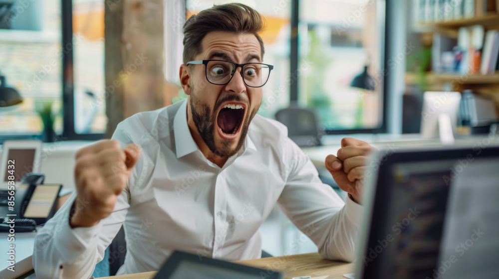 Obraz premium Excited man screaming in surprise at his laptop