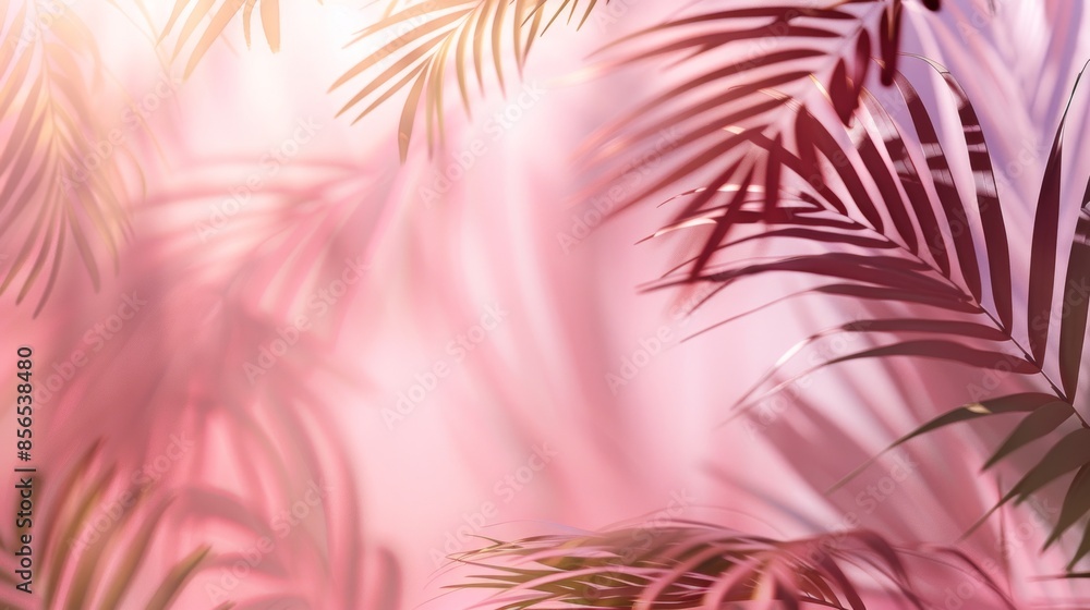 Soft Pastel Pink Background with Blurred Palm Leaf Shadows for Serene Summer Product Presentations