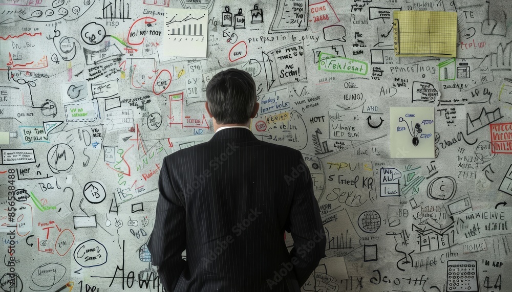 Innovative Businessman Leading a Brainstorming Session for a New Investment Plan with Whiteboard Covered in Ideas Innovative Businessman Leading a Brainstorming Session for a New Investment Plan with Whiteboard Covered in Ideas