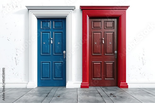 3d red and blue doors isolated on a white background