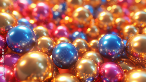 Shiny colored balls abstract background, 3d gold metallic glossy spheres wallpaper.