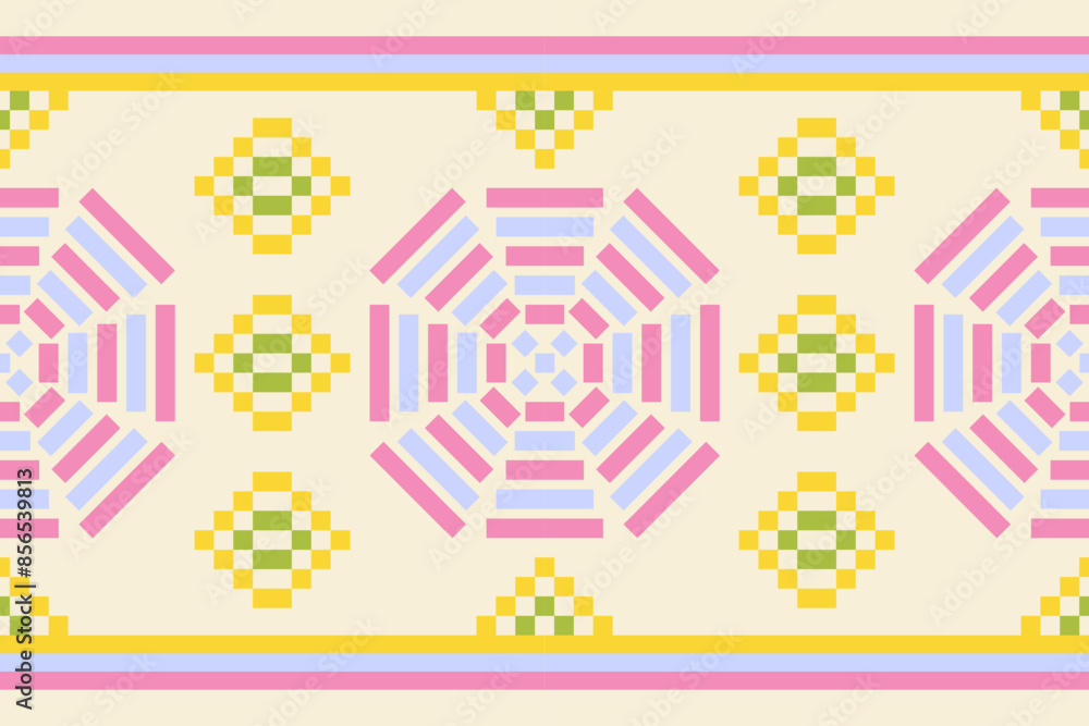 Fototapeta premium Abstract ethnic seamless pattern in tribal.Ikat textile texture in native American,Mexican,African, mediterranean style.Aztec geometric fabric folk art background.Colorful boho design for print decor.