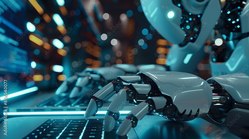 Robot working at computer among people. Maschine typing on keyboard in office. IT team of future. Futuristic worker. Humanoid work at call center. Support job. Selling concept. Technologies. Robot working at computer among people. Maschine typing on keyboard in office. IT team of future. Futuristic worker. Humanoid work at call center. Support job. Selling concept. Technologies.