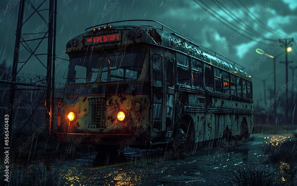 A yellow dirty bus on a wet street A yellow dirty bus on a wet street
