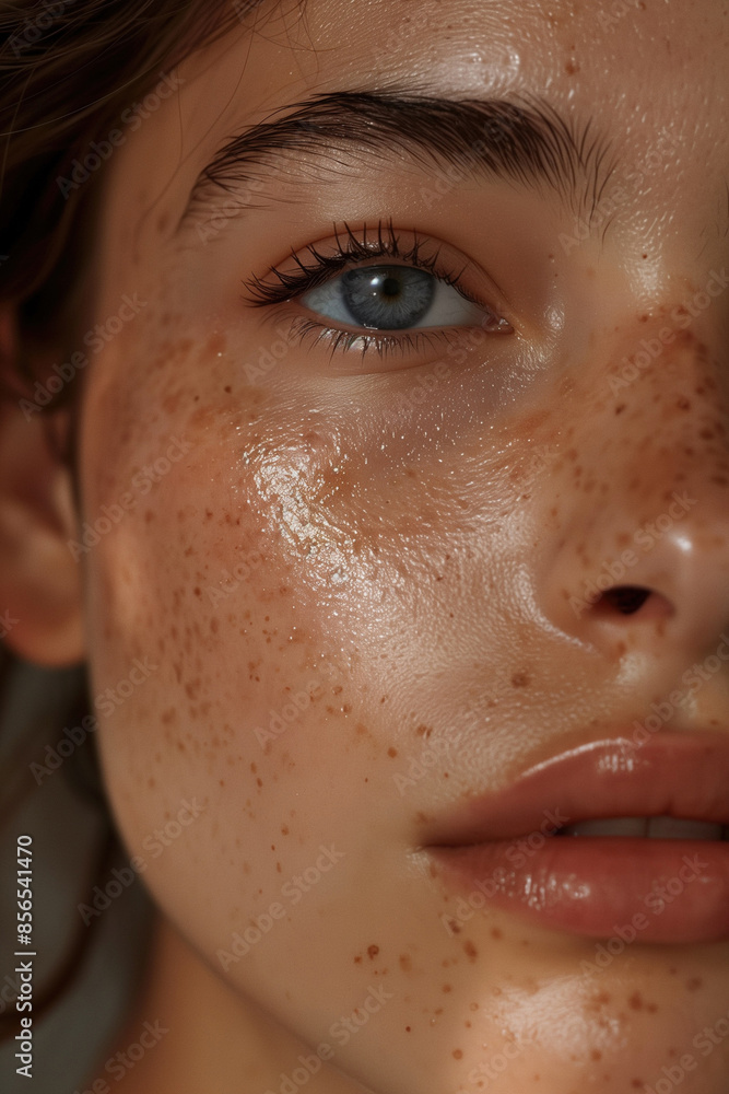 Detailed Close-Up of a Young Woman in Her 30s with Glowing, Healthy Skin, Without Makeup Detailed Close-Up of a Young Woman in Her 30s with Glowing, Healthy Skin, Without Makeup