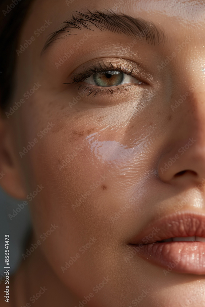 Detailed Close-Up of a Young Woman in Her 30s with Glowing, Healthy Skin, Without Makeup Detailed Close-Up of a Young Woman in Her 30s with Glowing, Healthy Skin, Without Makeup
