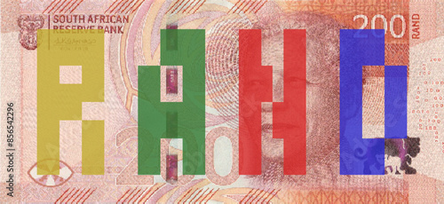 Vector obverse high polygonal pixel mosaic banknote of South Africa. Front side. Denominations of bill 200 rand. Game money of flyer.
