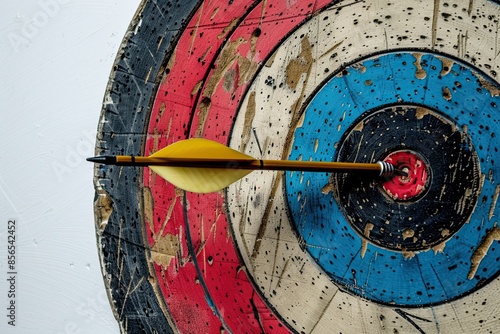 Arrow in the bullseye of an archery target isolated on a white background
