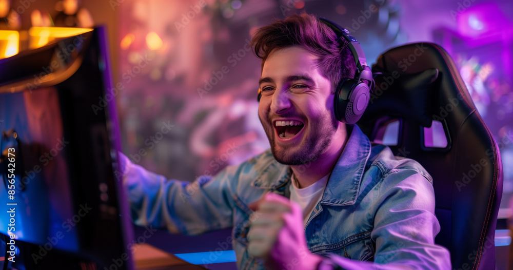 Cheerful male gamer streaming live, celebrating milestone achievement in vibrant gaming setup. Cheerful male gamer streaming live, celebrating milestone achievement in vibrant gaming setup.