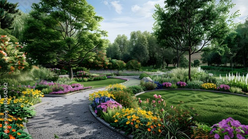 Landscape design with round flower beds planted photo