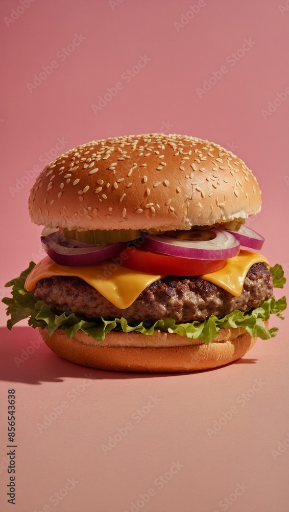 A close-up flat lay of a juicy cheeseburger with all the fixings, bathed in warm golden hour light on a pink background A close-up flat lay of a juicy cheeseburger with all the fixings, bathed in warm golden hour light on a pink background