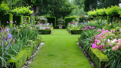 Mixborders with lush flower beds of irises img