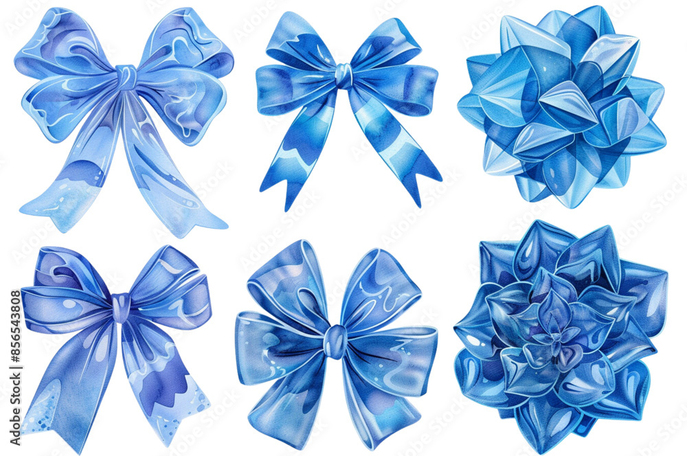 3d vector illustration set of blue bows with snowflakes, white background, different styles, 3d vector illustration set of blue bows with snowflakes, white background, different styles,