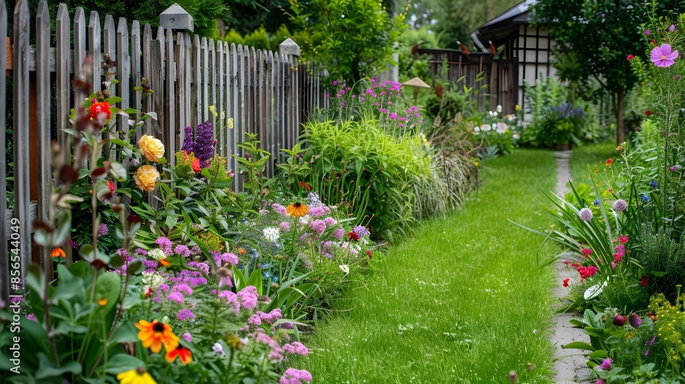 Mixborders with flowering shrubs and perennials plante img