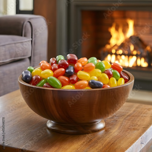 jelly beans in glass bowl, A minimalist glass bowl with vibrant jelly beans on a white background captured in high-resolution photos that offer excellent quality and fine details. bowl of candy