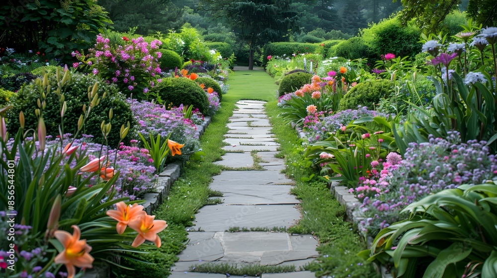 A flagstone paved path surrounded by bright img A flagstone paved path surrounded by bright img