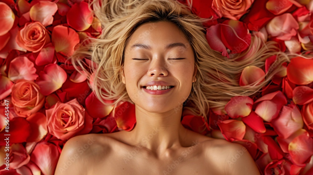 A beautiful young blonde Asian woman is shown lying amidst a sea of rose petals, her eyes closed and mouth open in a joyful expression. The composition highlights her relaxed state, with generous A beautiful young blonde Asian woman is shown lying amidst a sea of rose petals, her eyes closed and mouth open in a joyful expression. The composition highlights her relaxed state, with generous