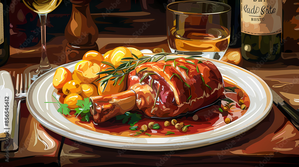 German pork knuckle in a white plate in a luxurious shop. Vector style. German pork knuckle in a white plate in a luxurious shop. Vector style.