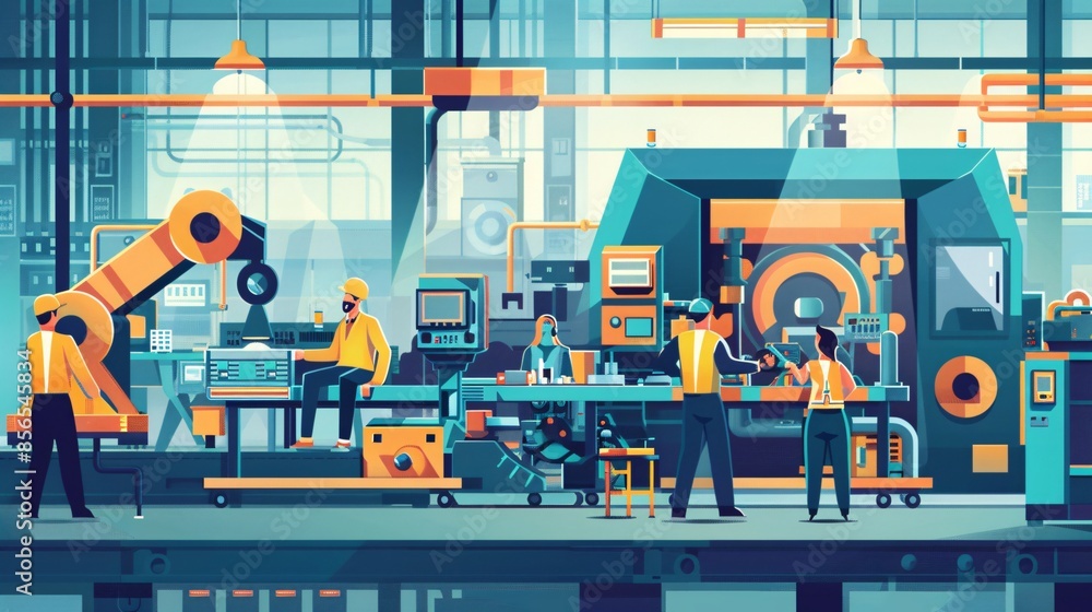 Industrial machinery in a factory setting with workers operating equipment