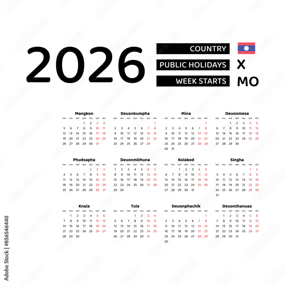 Laos calendar 2026. Week starts from Monday. Vector graphic design. Lao language.. Laos calendar 2026. Week starts from Monday. Vector graphic design. Lao language..