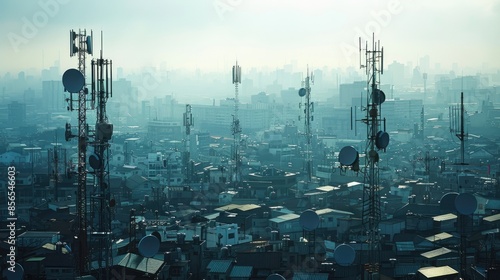 An aerial view of a sprawling metropolis with numerous cell towers and antennas on rooftops, illustrating the extensive network coverage
