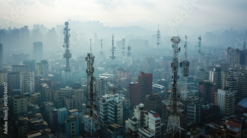 An aerial view of a sprawling metropolis with numerous cell towers and antennas on rooftops, illustrating the extensive network coverage photo