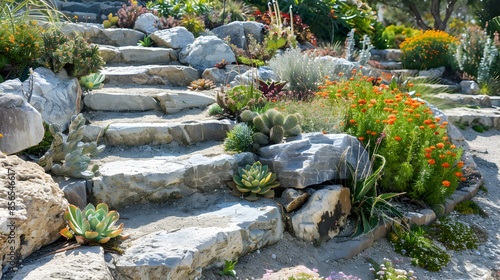 Rock gardens with stone steps leading picture photo