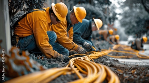 A team of technicians installing fiber optic cables in a suburban neighborhood, enhancing wireless telecommunications infrastructure