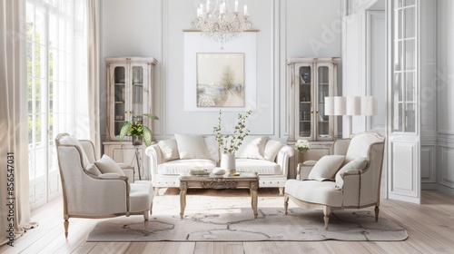 An elegant Parisian-inspired living room design featuring a white canvas backdrop, Adorned with French-inspired décor and luxurious furnishings, Parisian chic style © Keyho