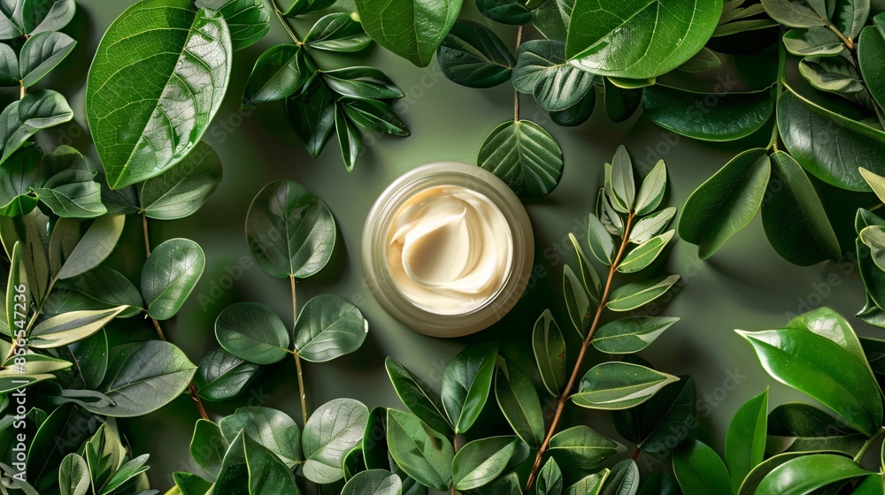 A minimalist composition features a jar of cosmetic moisturizer cream surrounded by fresh green foliage. The clean and natural background underscores the product's use of organic ingredients, with A minimalist composition features a jar of cosmetic moisturizer cream surrounded by fresh green foliage. The clean and natural background underscores the product's use of organic ingredients, with
