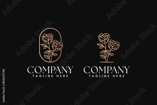 minimalist beauty rose flower and leaf branch line art logo design for fashion boutique florist