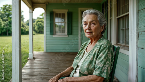 Grandmother sitting peacefully on her old porch, watching the world go by - Generative AI
 photo