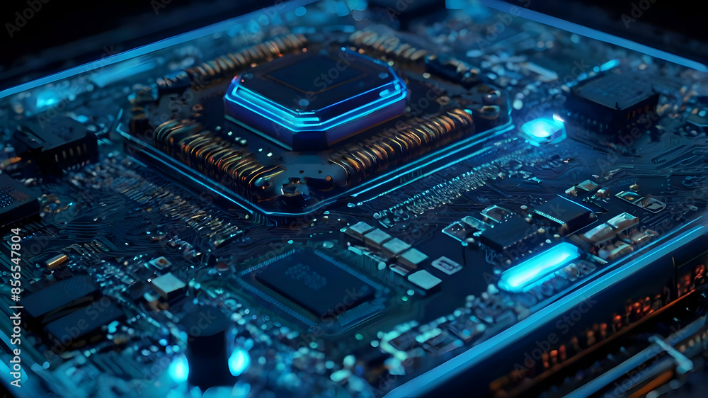 Detailed image of a microchip on a circuit board with blue lighting. Made By AI
Detailed image of a microchip on a circuit board with blue lighting. Made By AI