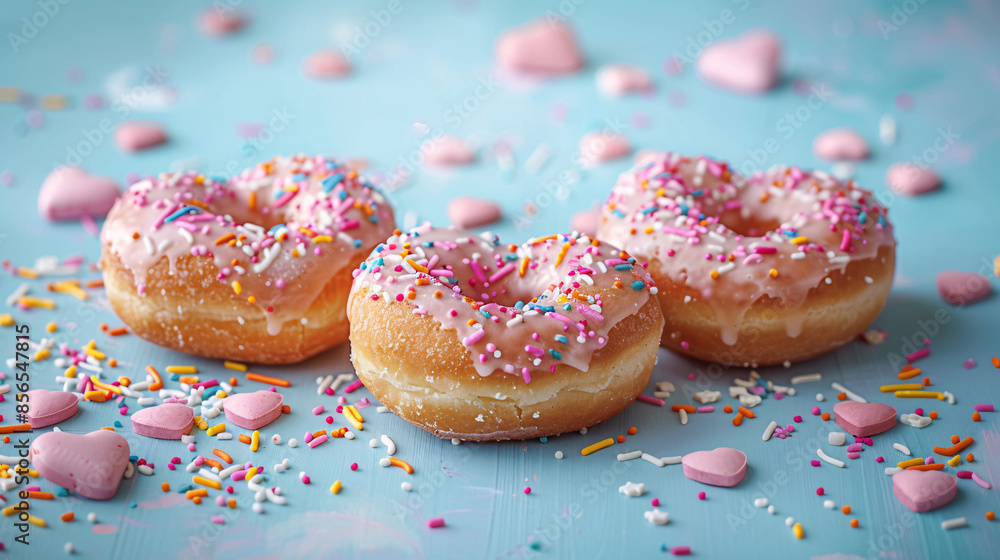 Three heart shaped donuts with sprinkles on a blue surface surrounded by hearts and sprinkles. Perfect for Valentine's Day celebrations or sweet indulgences. Three heart shaped donuts with sprinkles on a blue surface surrounded by hearts and sprinkles. Perfect for Valentine's Day celebrations or sweet indulgences.
