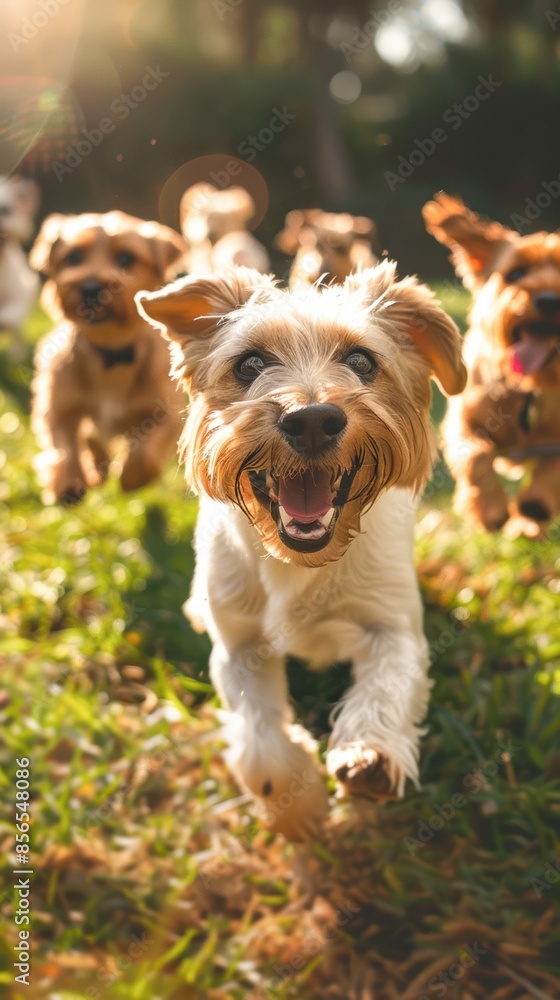 Group of happy dogs running and playing on green grass in park, capturing their joyful spirits Group of happy dogs running and playing on green grass in park, capturing their joyful spirits