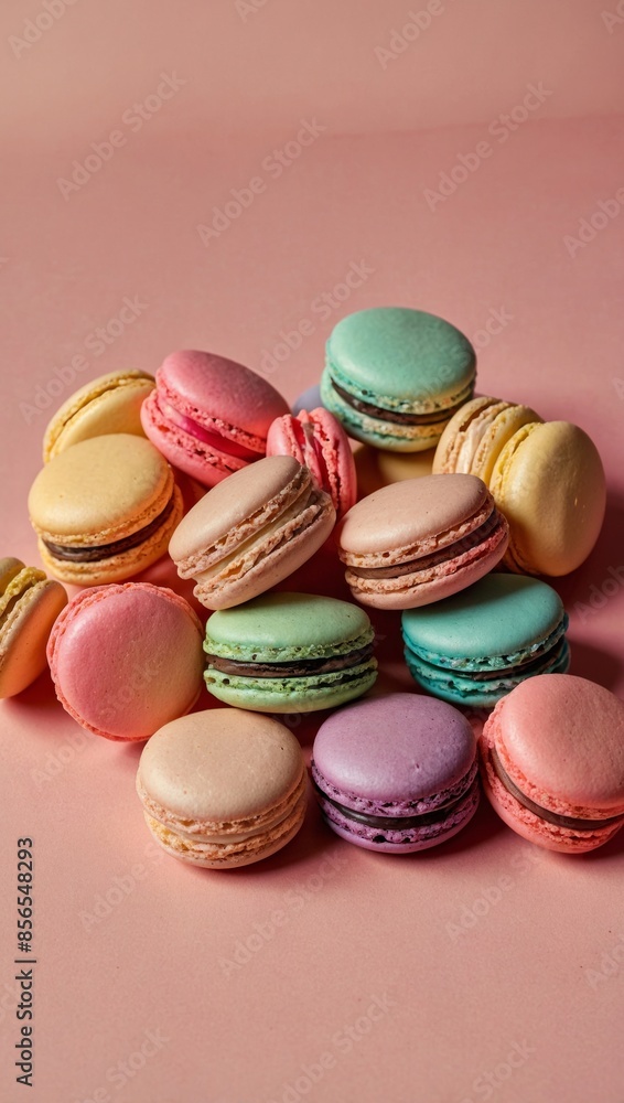 Fototapeta premium A flat lay of assorted pastel-colored macarons on a soft pink background, capturing the warm light of golden hour