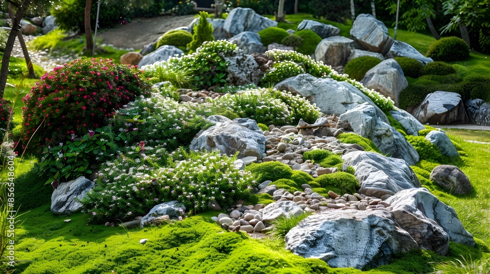 A garden with an alpine hill decorated A garden with an alpine hill decorated