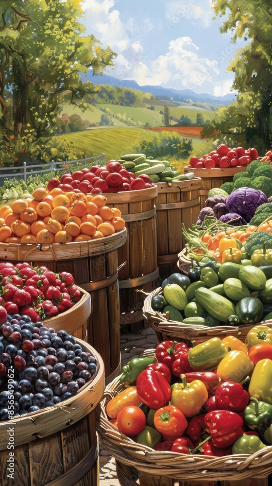 A market scene with a variety of fresh fruits and vegetables displayed in baskets, capturing the essence of farm-fresh produce A market scene with a variety of fresh fruits and vegetables displayed in baskets, capturing the essence of farm-fresh produce