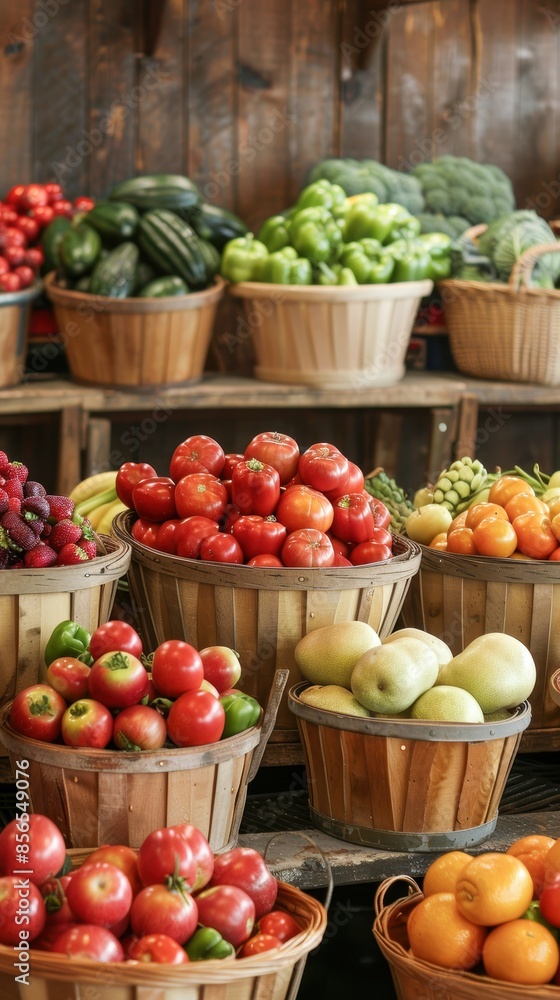 A market scene with a variety of fresh fruits and vegetables displayed in baskets, capturing the essence of farm-fresh produce A market scene with a variety of fresh fruits and vegetables displayed in baskets, capturing the essence of farm-fresh produce