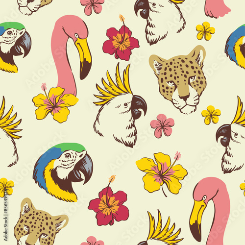 Summer Seamless Pattern with Tropical Animal Illustration