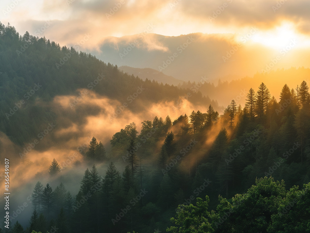 morning sunrise over a misty mountain range and forest. morning sunrise over a misty mountain range and forest.