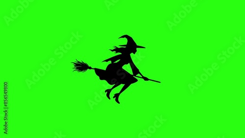 Witch flying on broomstick animation green screen loop