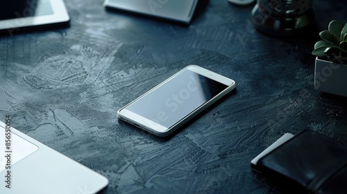 Top view of modern workspace with laptop, smartphone and plant on dark table