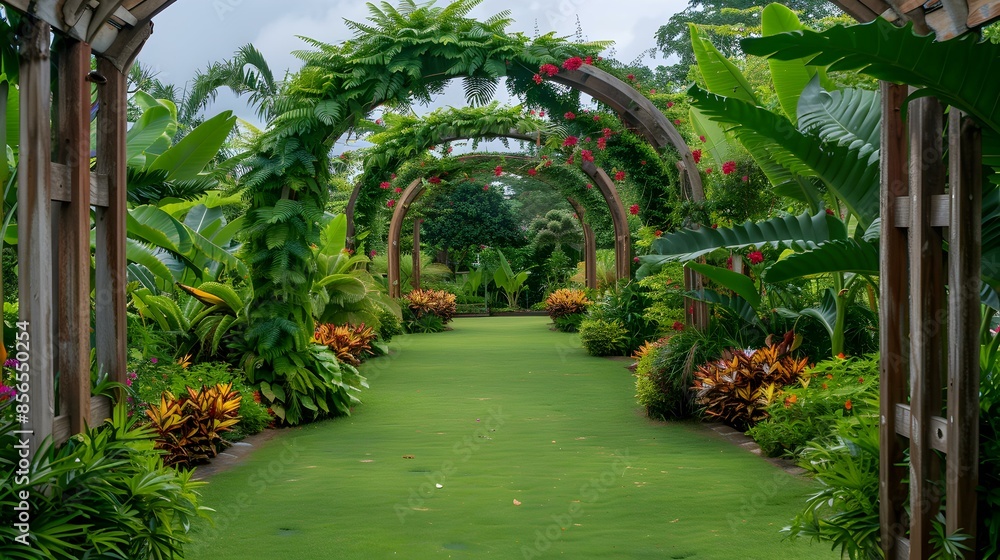 Naklejka premium Tropical garden with ferns and vines twining