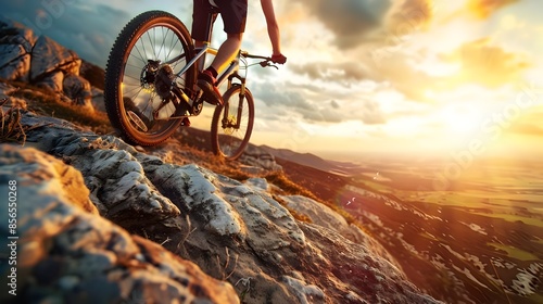 Adventurous Mountain Biker Conquering Rugged Terrain on Remote Cliff at Dramatic Sunset Landscape photo