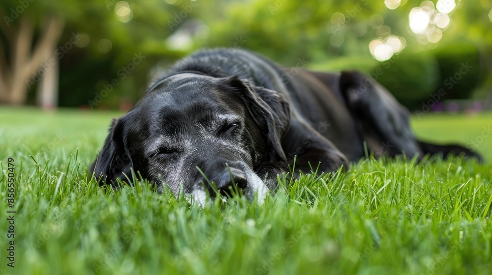 Senior Black Labrador Mix Enjoying Relaxation on Green Lawn Senior Black Labrador Mix Enjoying Relaxation on Green Lawn