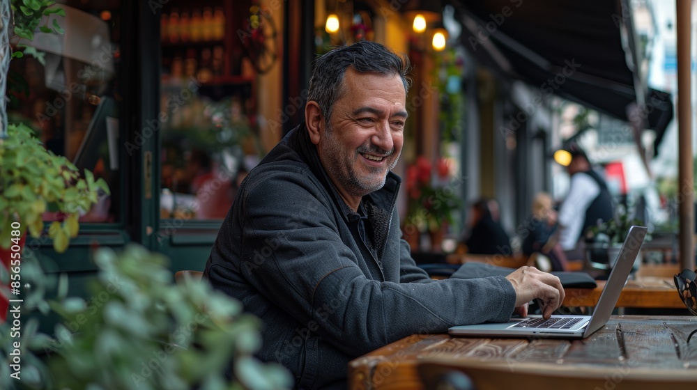Smiling Man Using Laptop at a Cafe Smiling Man Using Laptop at a Cafe