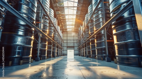 Systematically Organized Chemical Tanks in Modern Warehouse with Natural Light Emphasizing Safety photo