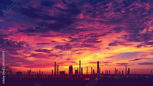 Industrial Sunset: Silhouetted Oil Refinery with Colorful Sky © Nakarin